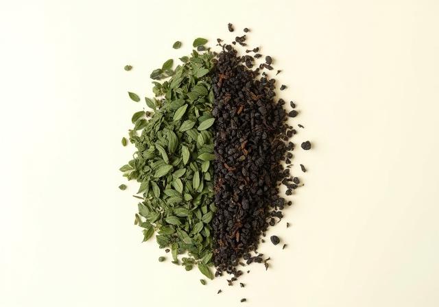 Vihreän ja mustan teen lehdet vierekkäin